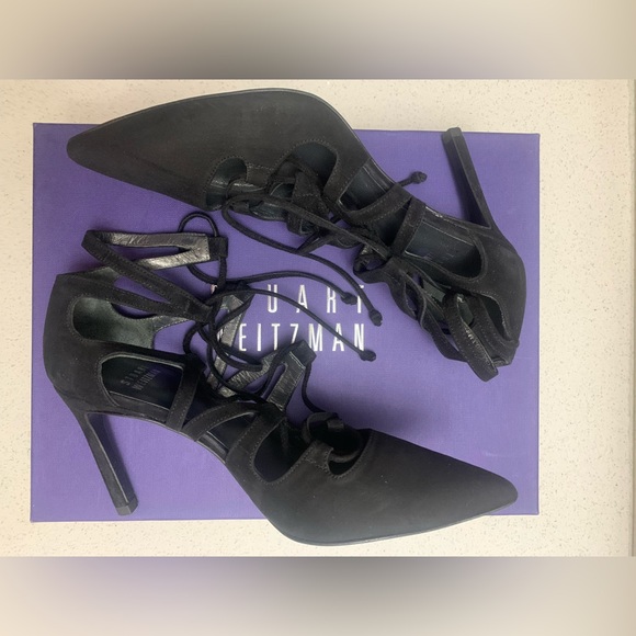SOLD!! NIB STUART WEITZMAN Women’s Black Suede Ankle Tie Heels Pumps Shoes Sz 5 - Picture 3 of 9